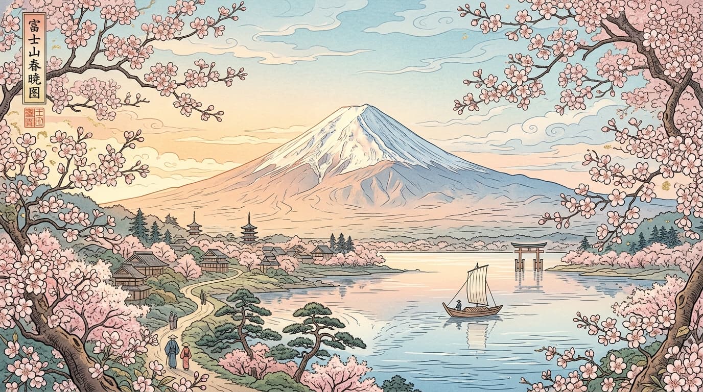 Mount Fuji in Ukiyo-e style
